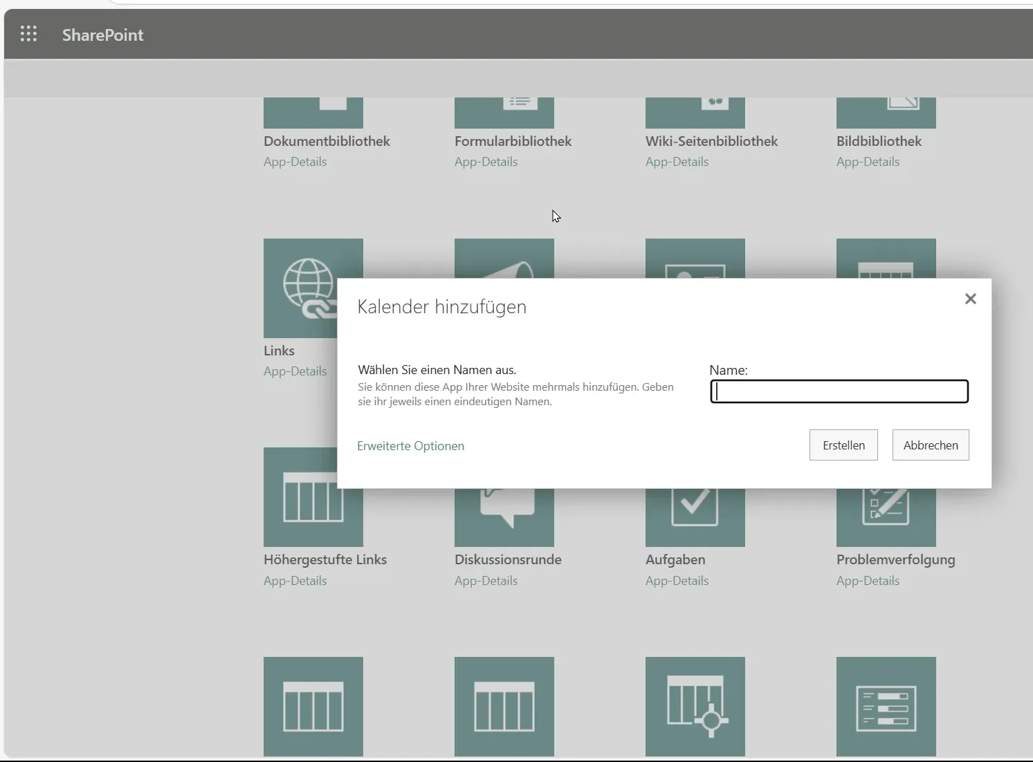 Dialogfenster zum Anlegen eines neuen SharePoint-Kalenders mit Eingabefeld für den Kalendernamen.