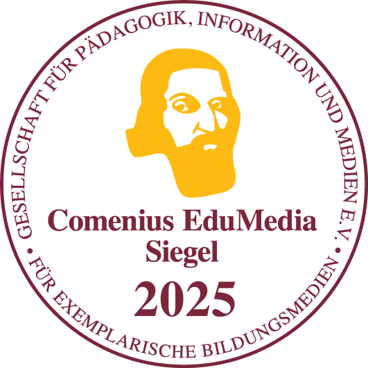 „EduMedia Siegel 2025“ mit Comenius-Kopf in Gold, Award für den Office-Videokurs von Holger Wöltje.