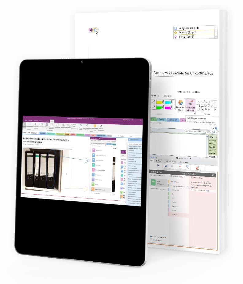 Tablet zeigt OneNote-Videokurs zur Notizbuchstruktur, daneben Kursunterlagen mit Screenshots.