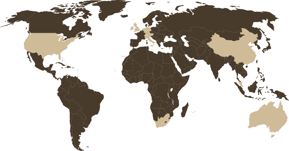 Weltkarte mit beige hervorgehobenen Ländern für internationale Office-365-Schulung.