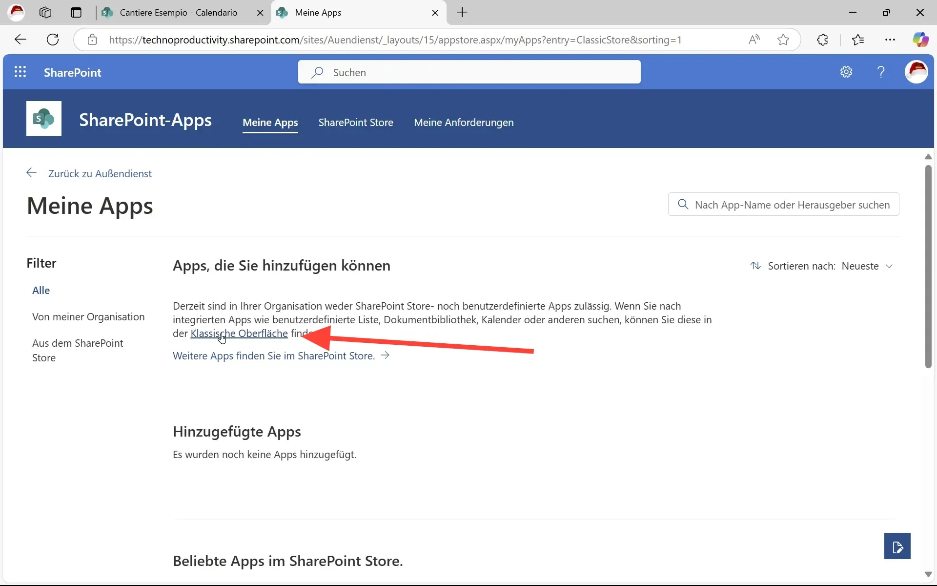 Klassische SharePoint-Oberfläche mit den Standard-App-Kacheln für Kalender, Aufgaben und weitere Listen.