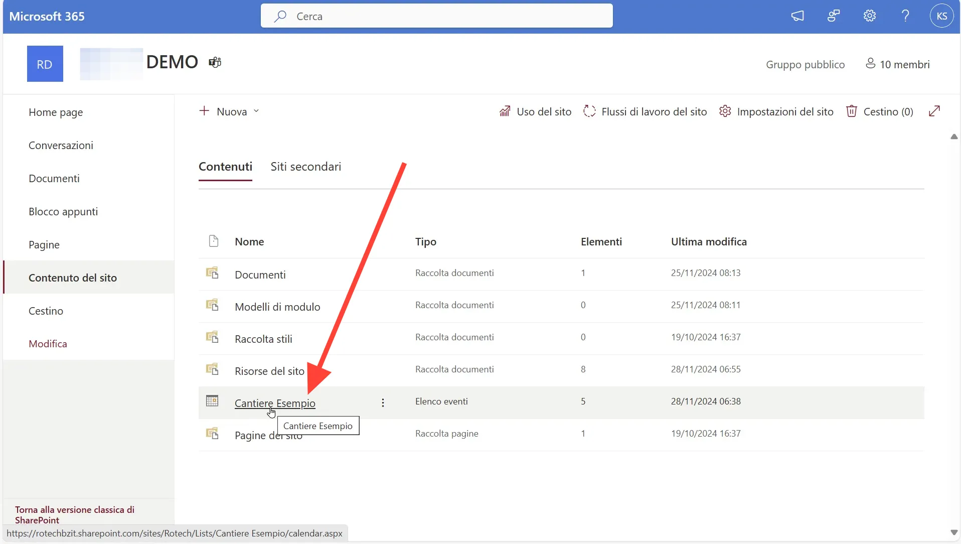 Übersicht der Seiteninhalte einer SharePoint-Site mit dem neu angelegten Baustellenkalender in der Liste.