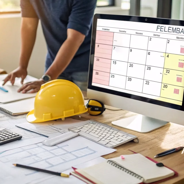 Baustellen-Kalender auf dem Computer, Bauplänen, Helmen und Büromaterial auf dem Schreibtisch.