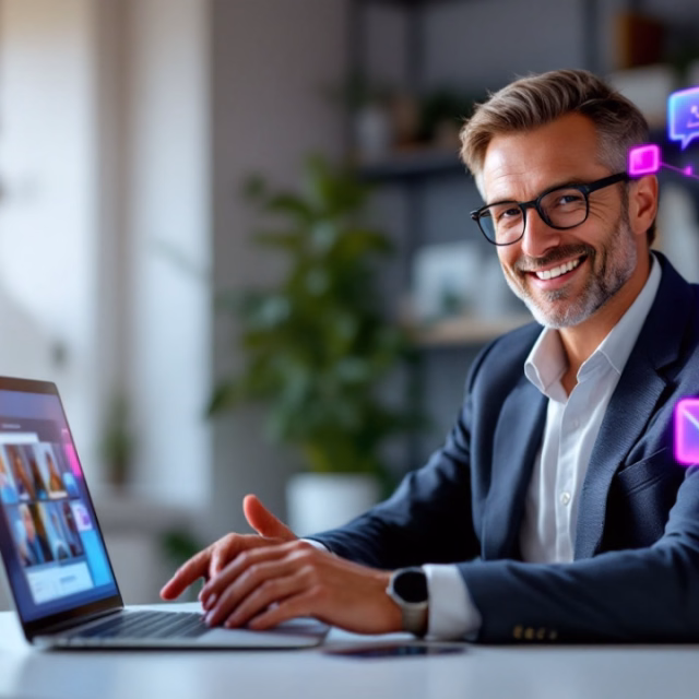 Ein Mitarbeiter am Laptop lernt mit Videokursen Microsoft Teams.