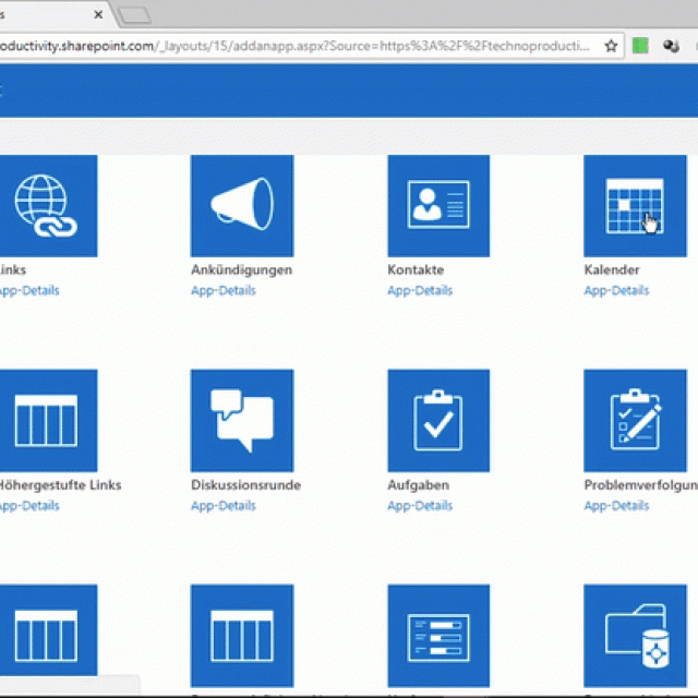 Screenshot einer SharePoint-Seite mit Kalender, Aufgaben und Dokumentbibliothek. Ideal für SharePoint-Videokurse-Tutorials.