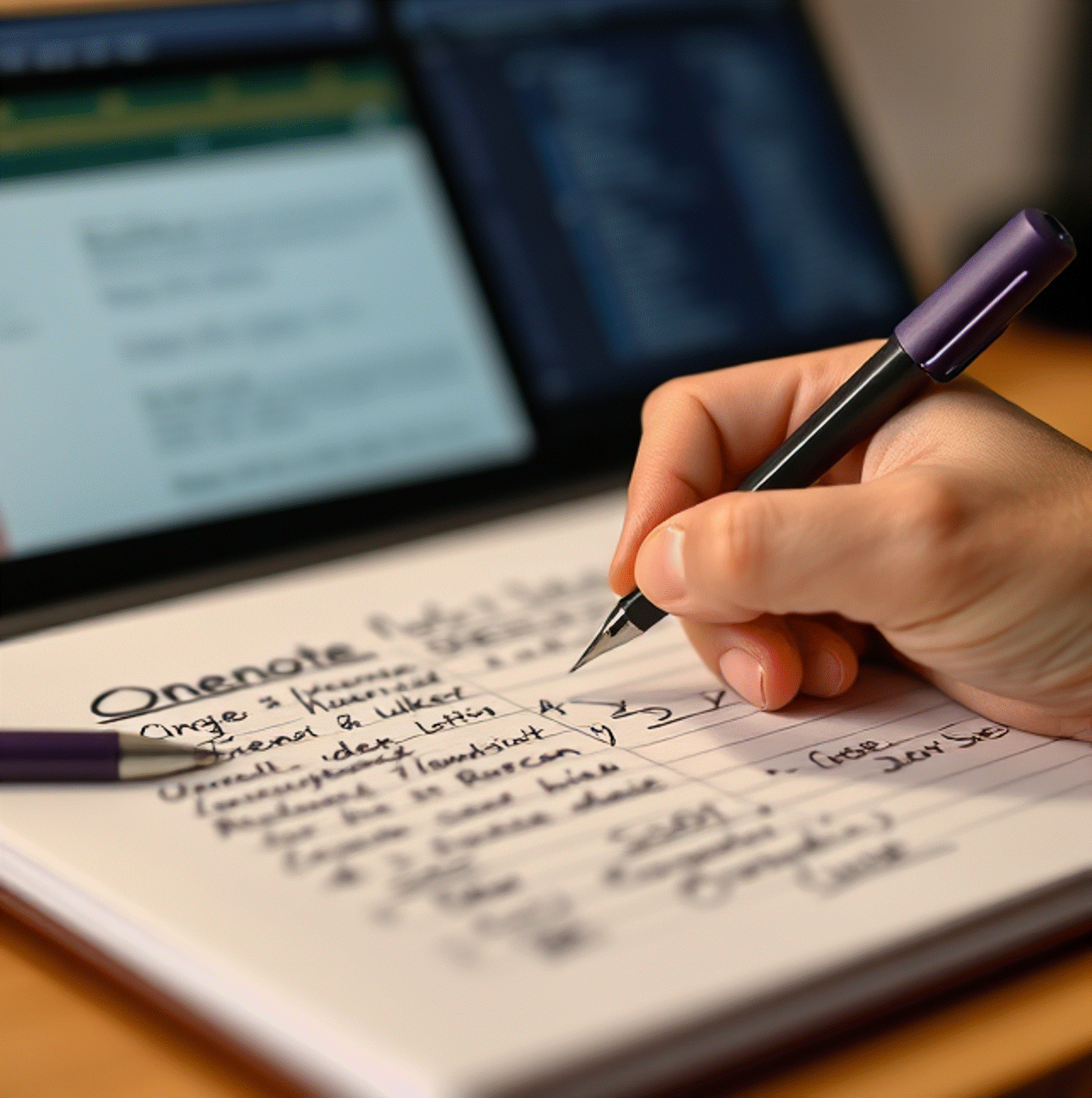 Handschriftliche Notizen auf Tablet mit Stift, OneNote-Überschrift, Bildschirme im Hintergrund.