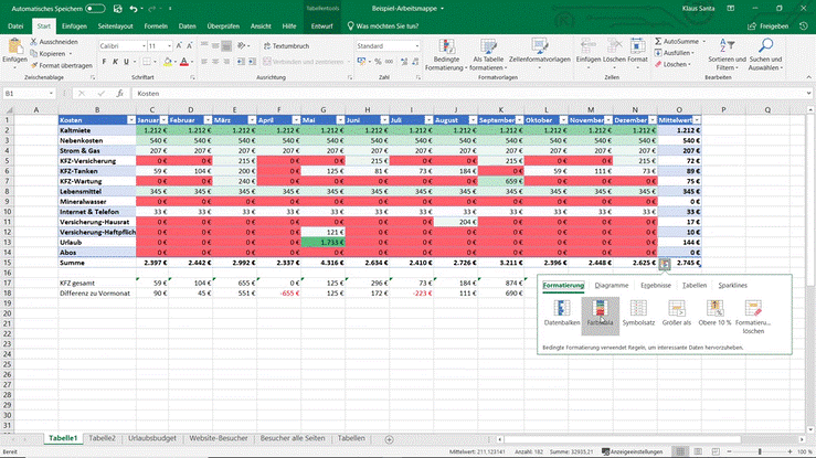 Microsoft-Excel-Tabelle mit Haushaltskosten und bedingter Formatierung über Schnellanalyse-Menü.