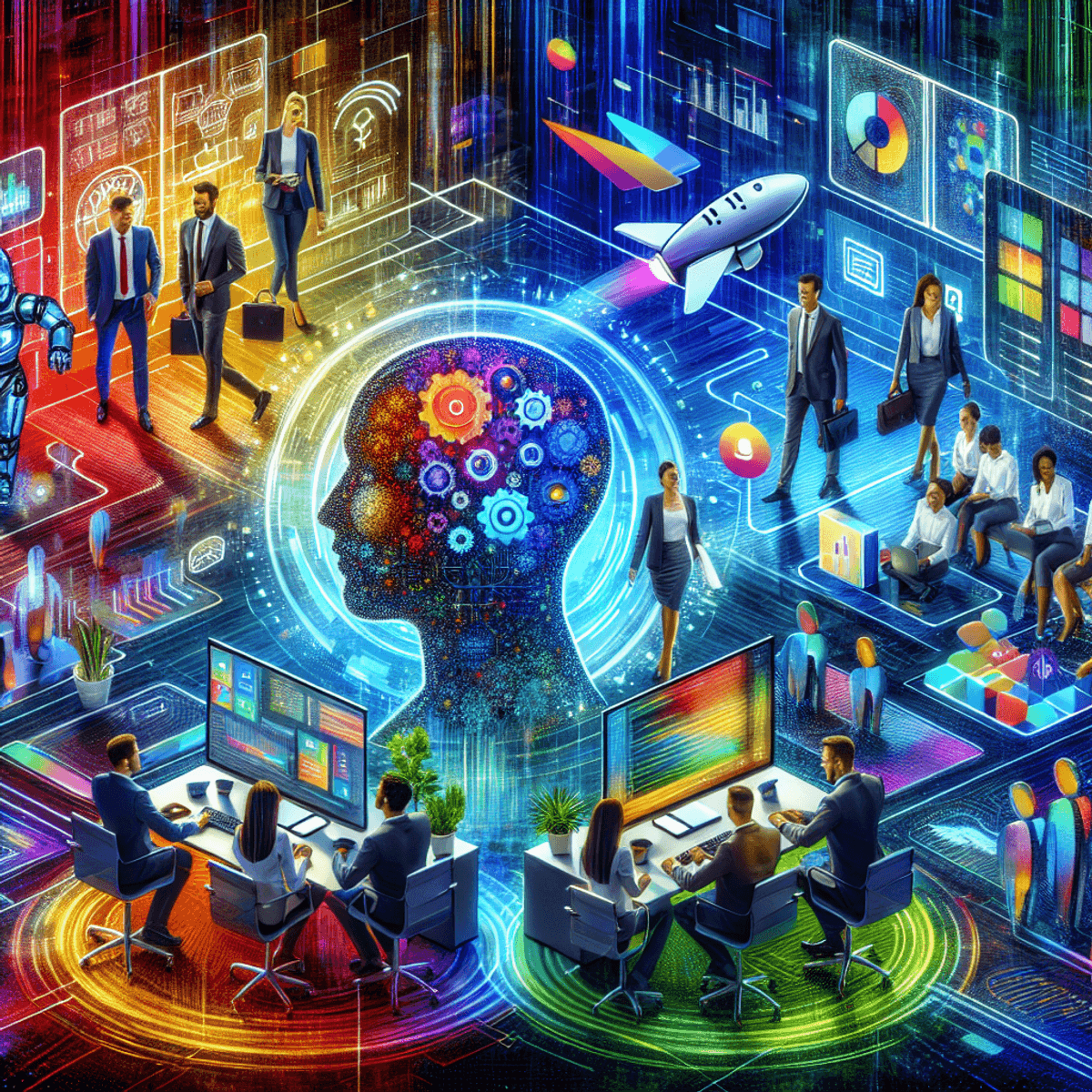 Digitale Illustration mit KI-Kopf, Teams am Bildschirm und Symbolen fuer digitale Zusammenarbeit im Buero.