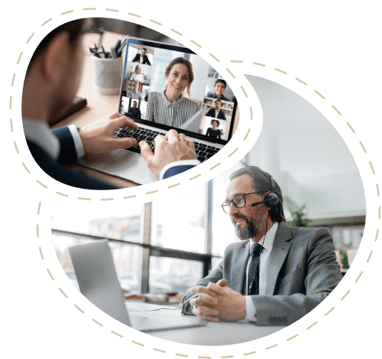 Microsoft-Teams-Videokonferenz am Laptop mit mehreren Teilnehmern und Mitarbeiter mit Headset im Buero.