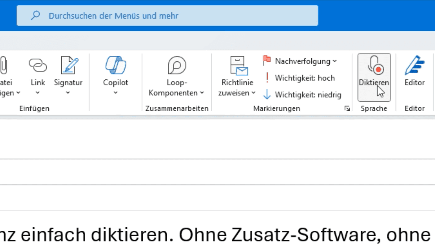 Menüband des deutschen Microsoft Outlook 365, die Diktieren-Schaltfläche für eine E-Mail ist hervorgehoben.