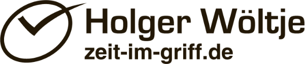 Logo Holger Wöltje – zeit-im-griff.de mit stilisiertem Häkchen.