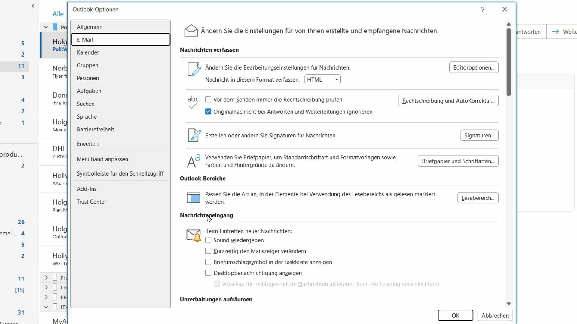 Alarme für neue E-Mails in den Outlook-Optionen ausschalten 