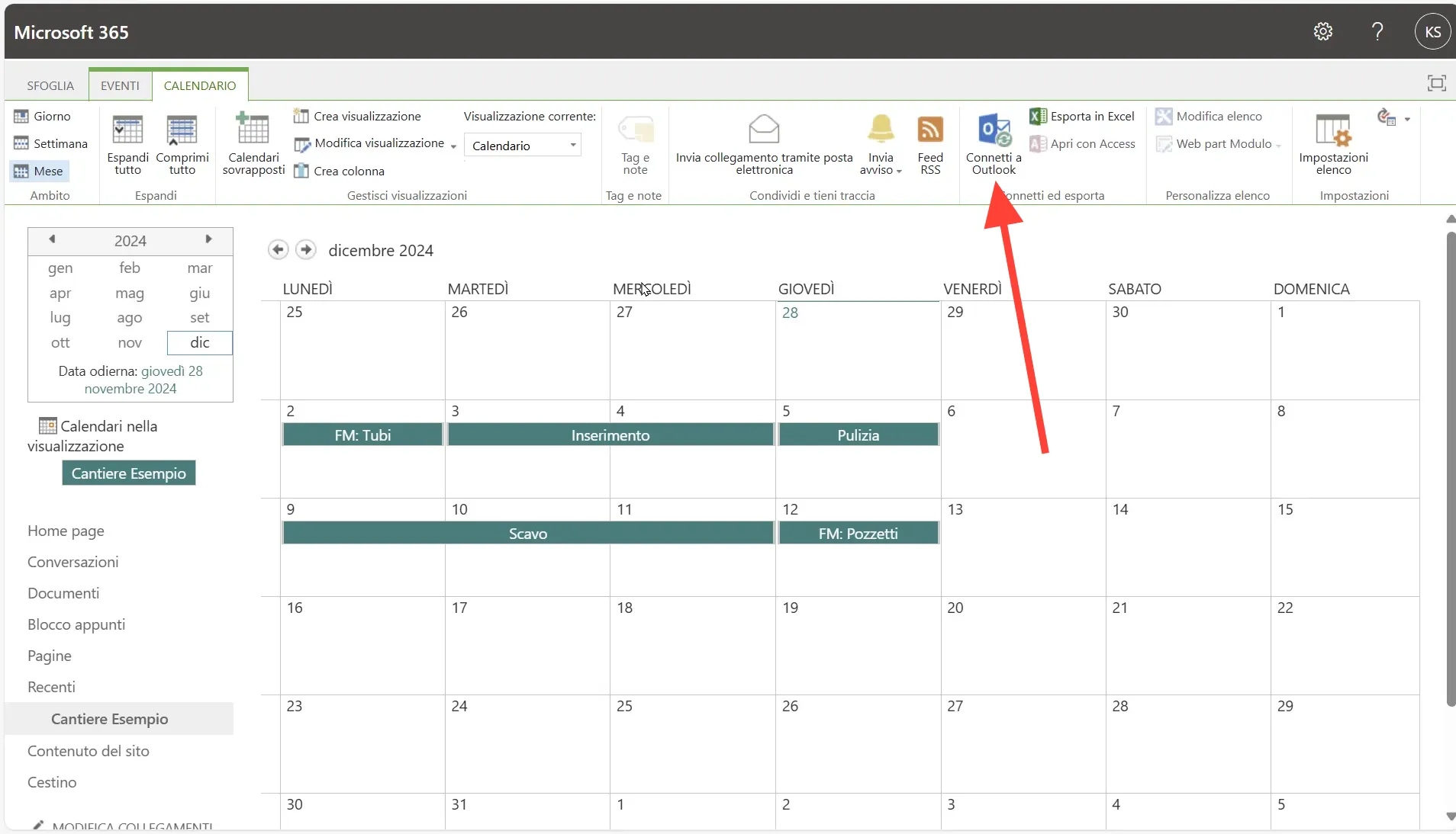 SharePoint-Kalender mit der Schaltfläche „Outlook