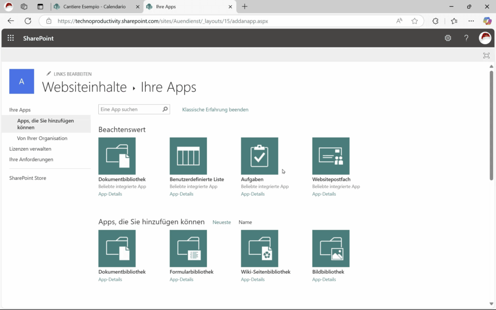 SharePoint-Seite „Ihre Apps“ mit Kacheln für Dokumentbibliothek, Aufgaben und Websitepostfach.
