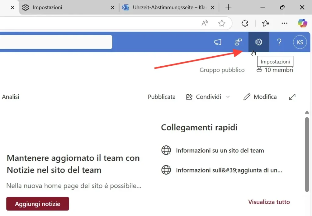 SharePoint-Teamsite mit rotem Pfeil auf Zahnrad-Symbol für Einstellungen in italienischer Oberfläche.