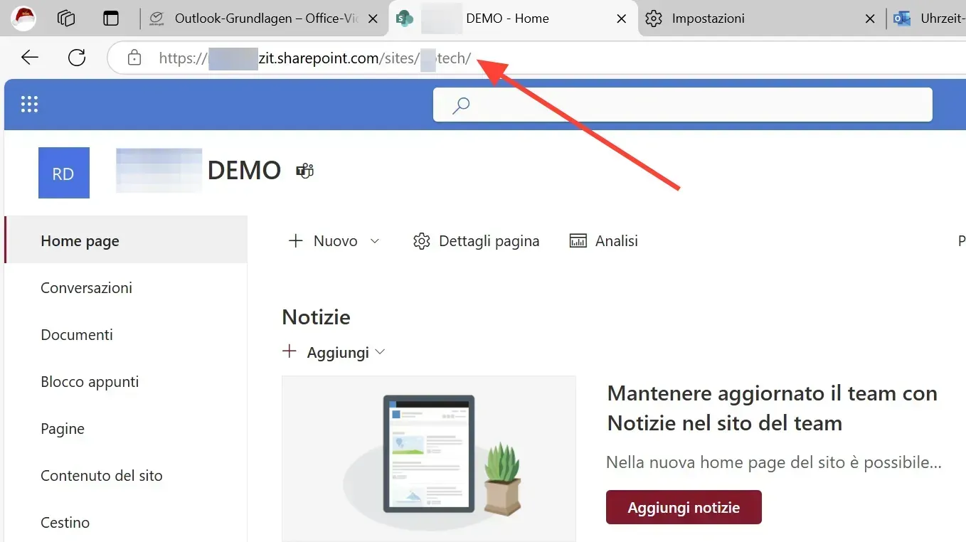 SharePoint-Teamseite mit linkem Navigationsbereich und Inhaltsbereich für die Projektverwaltung.